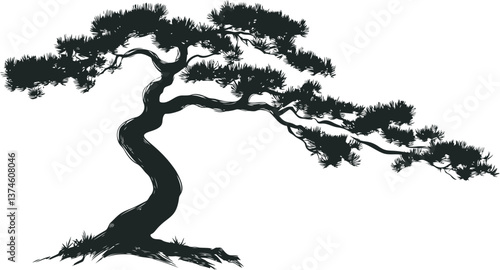 Silhouette of a bonsai tree with twisted trunk and branches in black and white. Vector illustration