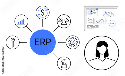 Central ERP hub connecting business analytics, workflow tools, finance, team management, and monitoring dashboard. Ideal for technology, business strategy, resource planning, workflow data