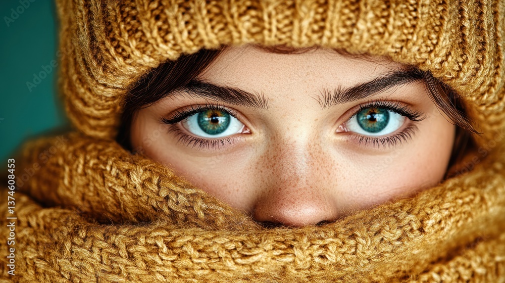 Mysterious Gaze: A Close-Up Portrait of a Young Woman Hidden in Warm Knitwear Mysterious Gaze: A Close-Up Portrait of a Young Woman Hidden in Warm Knitwear