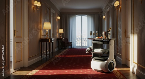 A sophisticated, automated room service robot navigates a grand hotel hallway, carrying a tray with champagne, snacks, and plates