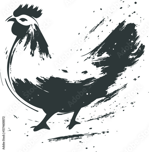 Abstract black and white rooster in motion