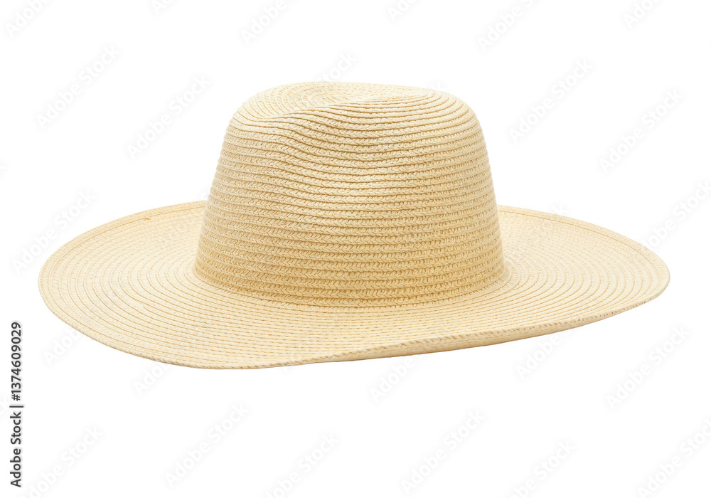 A close up shot of a light colored straw hat with a wide brim on a black background space around it A close up shot of a light colored straw hat with a wide brim on a black background space around it