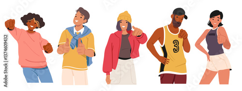 Stylish sportive people cartoon characters pointing finger forward presenting choice of you set