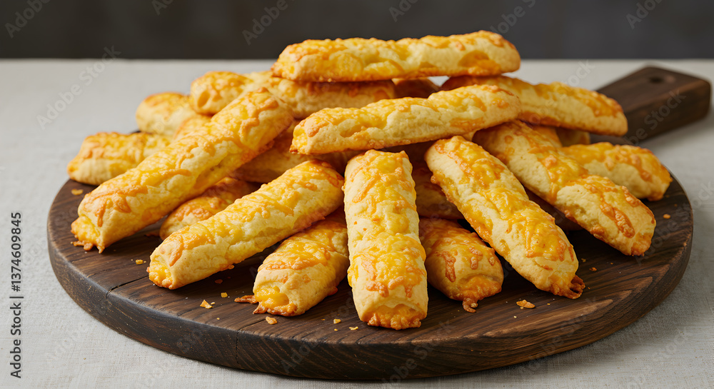 Golden baked cheese straws on a rustic wooden platter perfect for snacking Golden baked cheese straws on a rustic wooden platter perfect for snacking