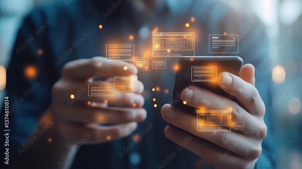 Fototapeta premium Man Holding Smartphone with Glowing Data Interface and Digital Documents