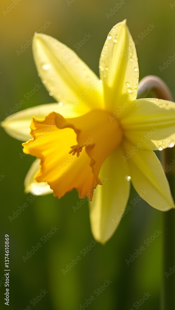 Dawn dew on narcissus transforms droplets into glowing prisms as morning light penetrates lingering mist. Dawn dew on narcissus transforms droplets into glowing prisms as morning light penetrates lingering mist.