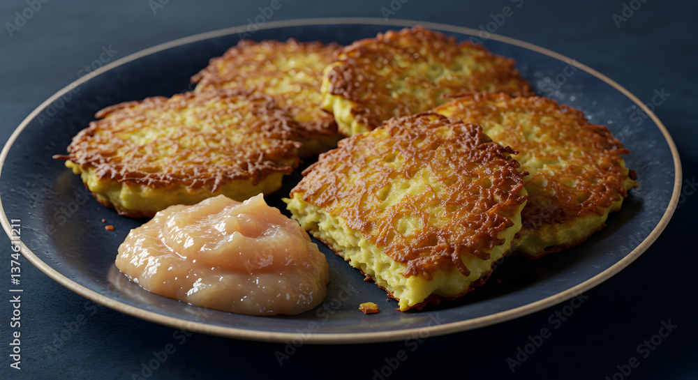 Delicious golden latkes served with sweet applesauce on dark blue plate Delicious golden latkes served with sweet applesauce on dark blue plate