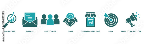 Inbound marketing icon set illustration concept with icon of analysis, email, customer, crm, guided selling, seo and public relations 