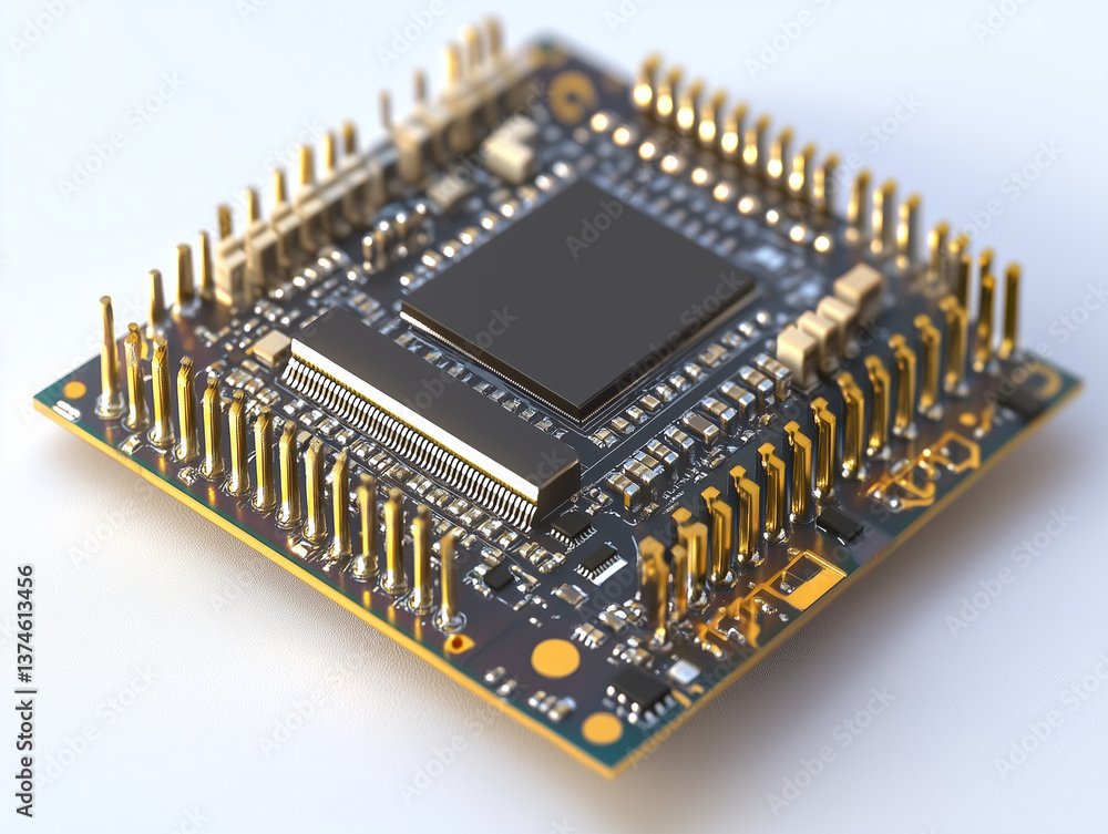 Black microchip with golden pins on a neutral background, 3D render Black microchip with golden pins on a neutral background, 3D render