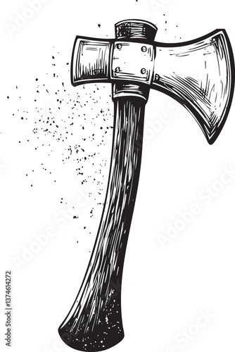 Vintage illustration of a wood-handled axe in black and white vector style. Vector illustration