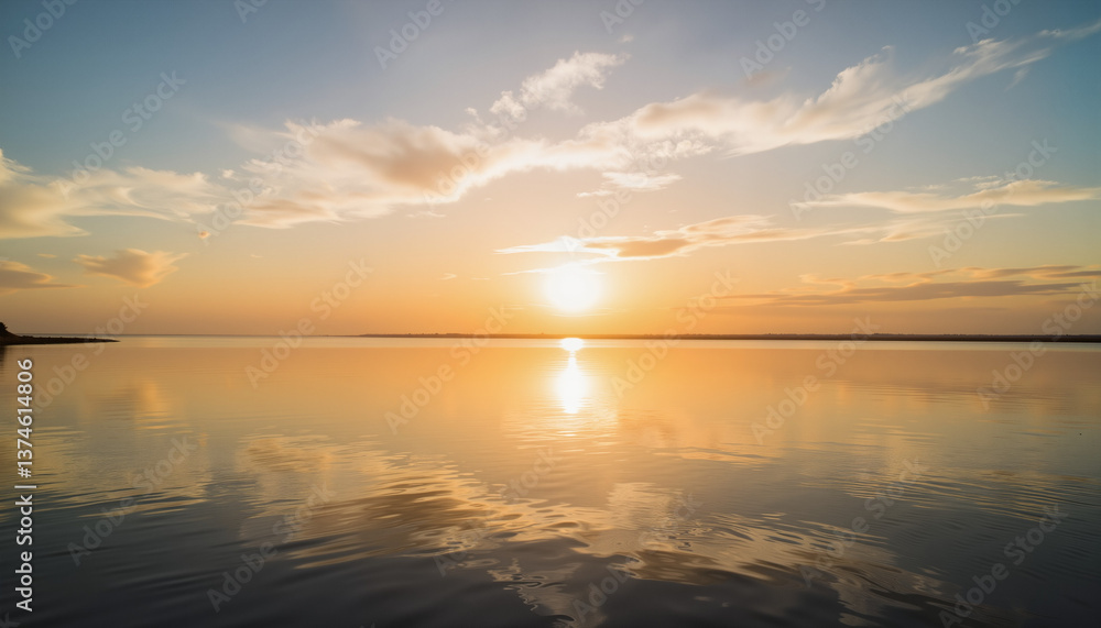 Serene sunset reflecting over calm water with vibrant clouds Serene sunset reflecting over calm water with vibrant clouds