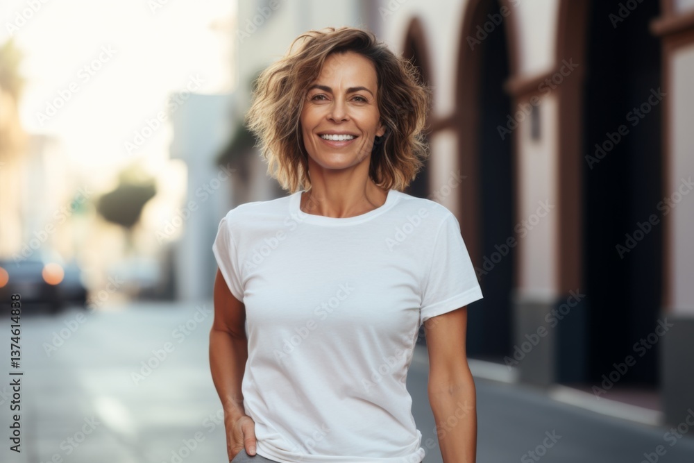 Portrait of a middle age body positive woman in sporty white t shirt smiling after running on the street Portrait of a middle age body positive woman in sporty white t shirt smiling after running on the street