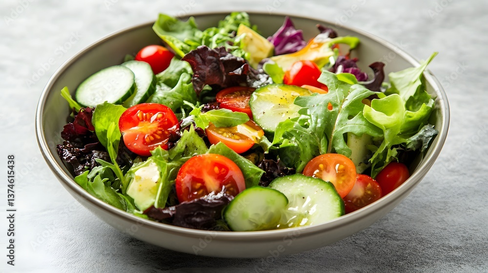 Fresh Salad Medley: A vibrant and appetizing salad composed of fresh, colorful vegetables and greens, artfully arranged in a ceramic bowl. Fresh Salad Medley: A vibrant and appetizing salad composed of fresh, colorful vegetables and greens, artfully arranged in a ceramic bowl.