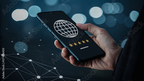A hand confidently holds a smartphone showcasing global five-star ratings against a dark, bokeh-filled background.
