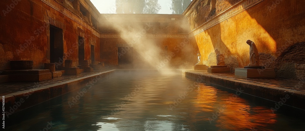 Obraz premium Serene ancient Roman bath, sunlit water, stone statues, warm golden light, misty atmosphere. Evokes tranquility and history.