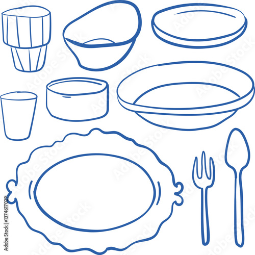 Vector set of hand-drawn tableware for festive dinner: plates, glass, spoon, folk and other. Perfect for wedding invitations , menu or events design
