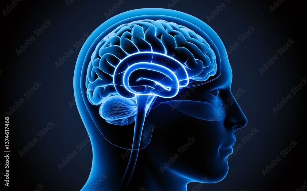 Head (Skull) Cross-Section neon, 3D Human Brain Anatomy Illustration Head (Skull) Cross-Section neon, 3D Human Brain Anatomy Illustration