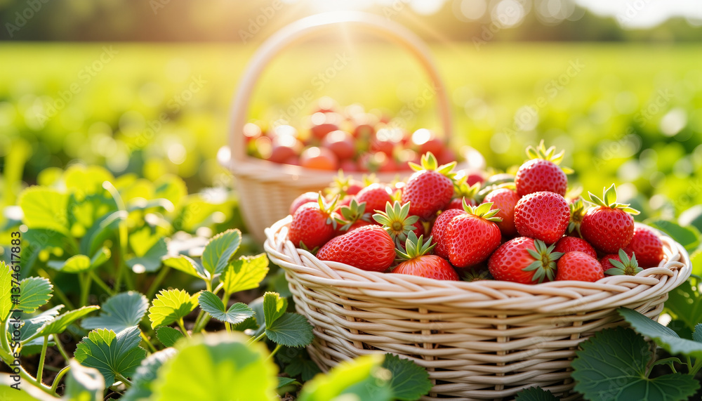 Fresh strawberries harvested in wicker baskets on sunny field