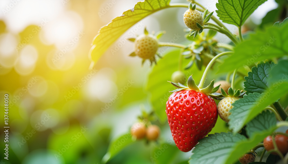Ripe strawberry hanging amidst green leaves in sunlight