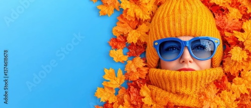 Fall fashion portrait. Woman wearing hat, scarf, and blue sunglasses surrounded by autumn leaves