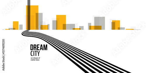 Future city on a horizon with highway road fast going to it vector abstract background, metropolis skyline with speed highway, road to town.
