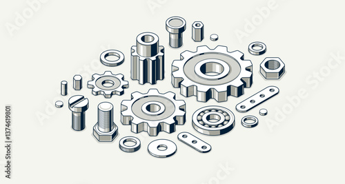 Invention renovation and development concept, gears and cogs composition isometric 3D vector illustration, technology theme, machinery and engine creation.