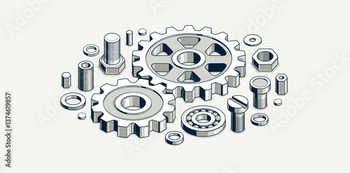 Invention renovation and development concept, gears and cogs composition isometric 3D vector illustration, technology theme, machinery and engine creation.