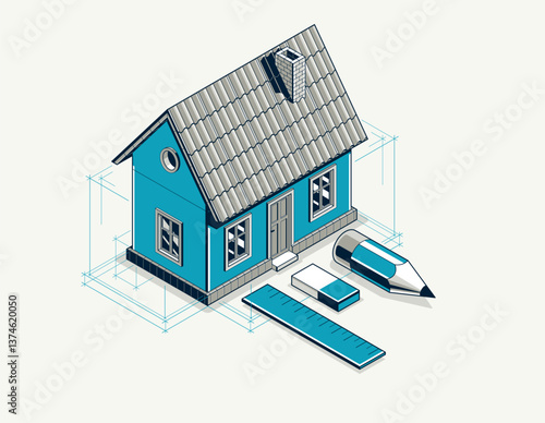 House project implementation embodiment concept, 3D isometric vector illustration of a small house building project, construction architectural model, idea in progress.
