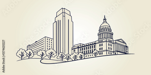 Raleigh skyline, highlighting the PNC Plaza and historic State Capitol in a sleek, line drawing style.
