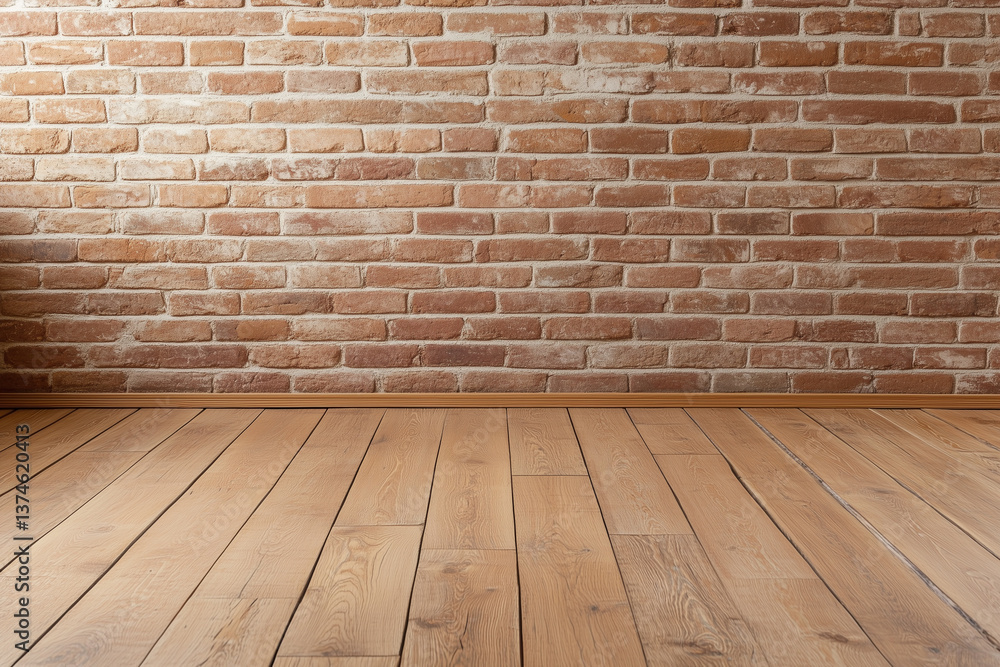 Fototapeta premium Warm rustic room with exposed red brick wall and wooden floor, cozy vintage interior background with natural textures and soft ambient light