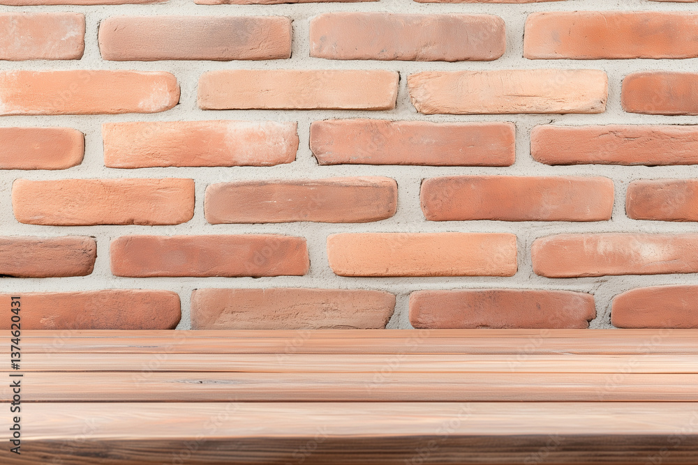 Rustic red brick wall and wood table background with natural texture for vintage cafe or cozy home interior design concept Rustic red brick wall and wood table background with natural texture for vintage cafe or cozy home interior design concept