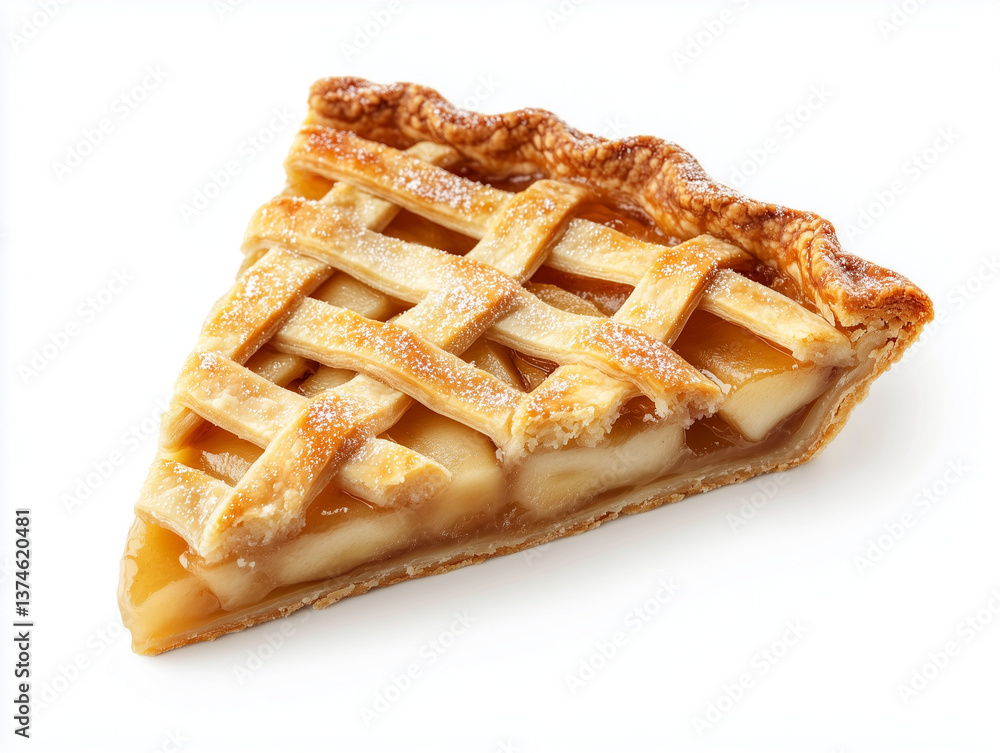 Apple pie slice with lattice crust and golden filling, realistic render Apple pie slice with lattice crust and golden filling, realistic render