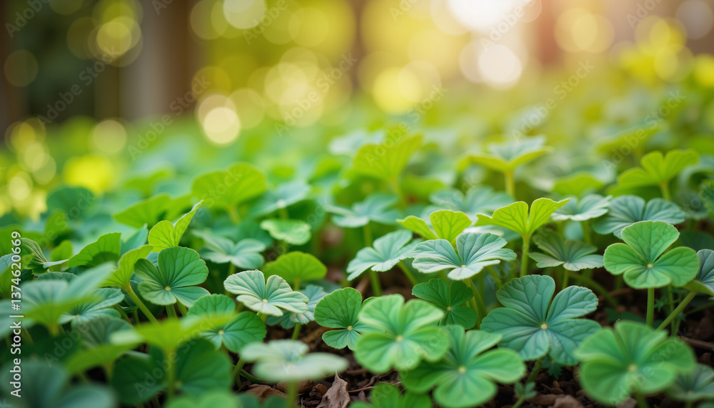 Lush green clovers growing in a sunlit forest setting Lush green clovers growing in a sunlit forest setting