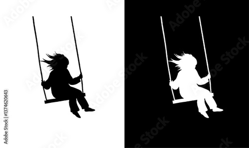 women are sitting swing with her hair blowing wind illustration vector, swing, women, girl, kids, kid, silhouettes, silhouette, vector, joy, fun, love, art, illustration, black, white, set, icon,