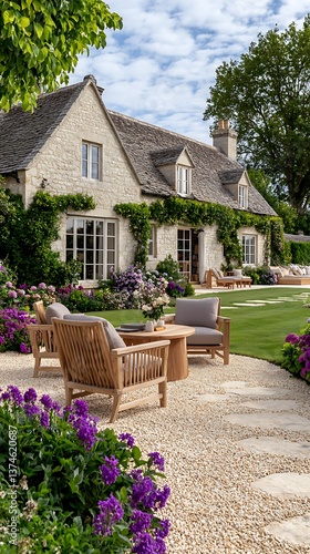 Stone house with garden patio, and summer.
