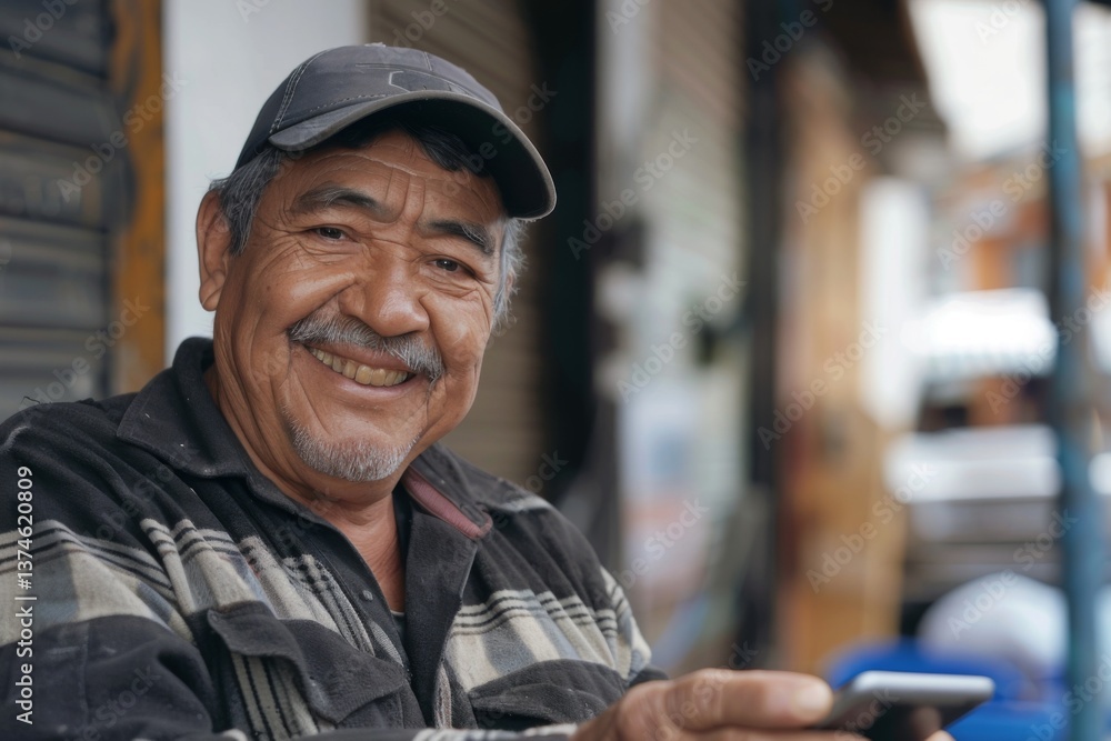 Portrait of a smiling middle aged Mexican male Delivery Driver using a smartphone Portrait of a smiling middle aged Mexican male Delivery Driver using a smartphone