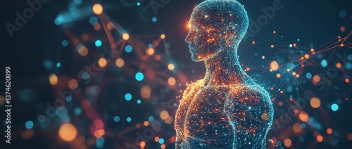 In a futuristic setting, a human body made of glowing particles shines brightly amidst a dark blue glow, exemplifying the cutting-edge technology and medical science that will shape human health