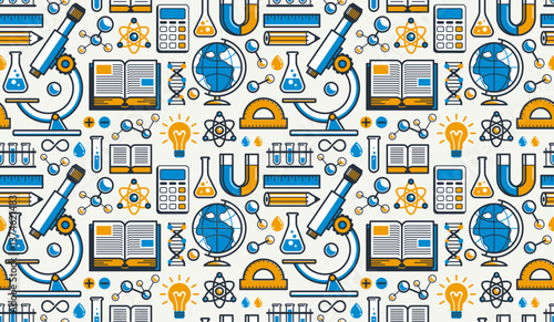Science seamless pattern, vector endless background with a lot of elements that can be used separately as an icons or illustrations, physics and chemistry wallpaper.
