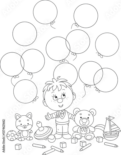 Happy little boy preschooler with flying holiday balloons and funny toys, black and white outline vector illustration for a coloring book
