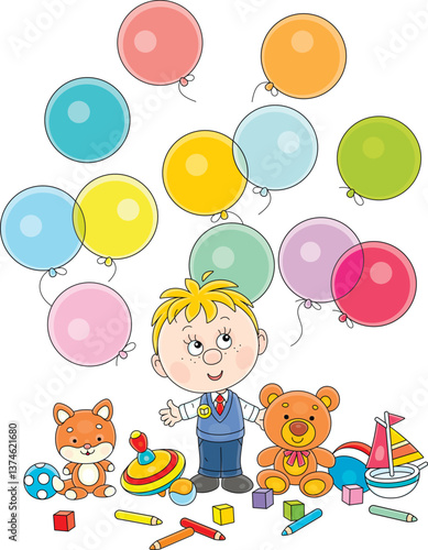 Happy little boy preschooler with colorful holiday balloons and funny toys, vector cartoon illustration isolated on a white background