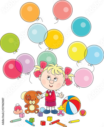 Happy little girl preschooler with colorful holiday balloons and funny toys, vector cartoon illustration isolated on a white background