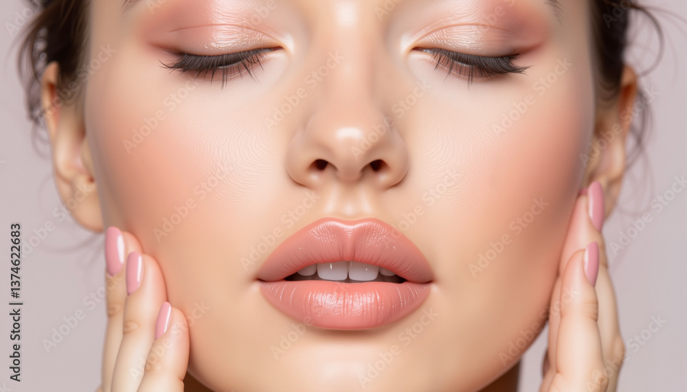 Serene woman expressing calmness while touching her face Serene woman expressing calmness while touching her face