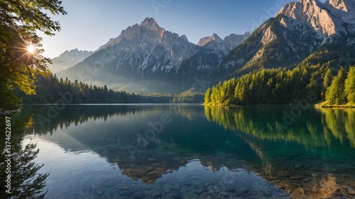 Stunning landscape featuring mountains reflecting in a serene lake at sunrise.