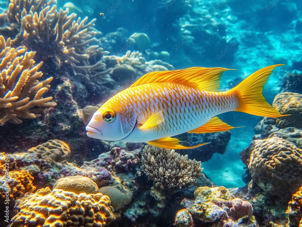 Naklejka premium Fish swimming near coral reef with vibrant marine life, realistic render