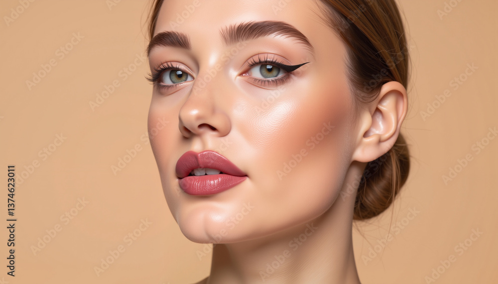 Fototapeta premium Beautiful woman showcasing flawless makeup on a warm background 