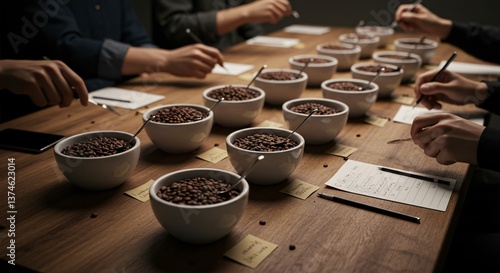 A group of people tasting and evaluating coffee beans in white bowls on a wooden table surface
