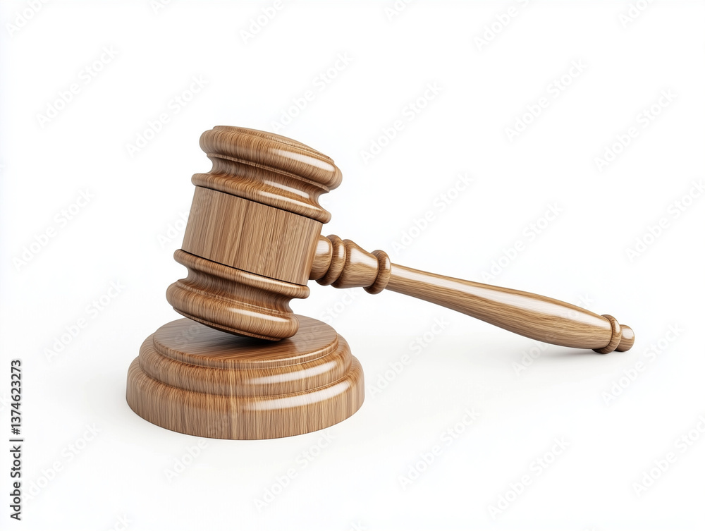 Gavel with wooden base and polished handle, realistic render, isolated on white Gavel with wooden base and polished handle, realistic render, isolated on white