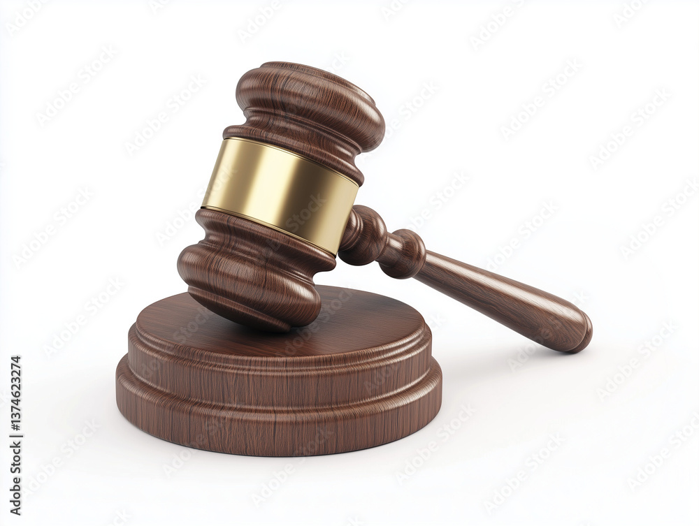 Gavel with wooden base and polished handle, realistic render, isolated on white Gavel with wooden base and polished handle, realistic render, isolated on white