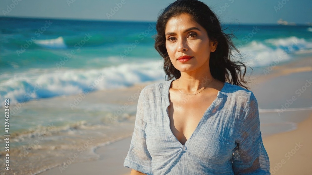 A woman stands on a beach, with the ocean waves and sandy shore in the background A woman stands on a beach, with the ocean waves and sandy shore in the background