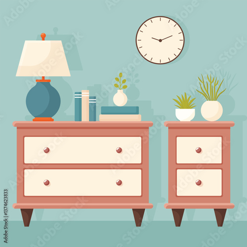 living room interior a nightstand with a lamp and flowers flat vector illustration.